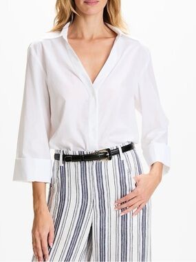 Women's White Button-Down V-Neck Shirt - White